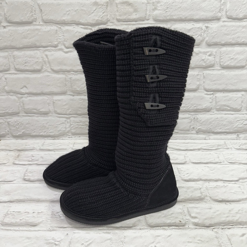 BEARPAW Black Classic Knitted Tall Three Button Boot Suede Heel Women's size 8 - Picture 9 of 14
